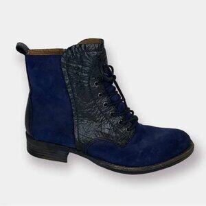 NAYA Anthropologie Agave Black Leather Blue Suede Zip Ankle Boot